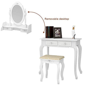 Vanity Table Set and Cushioned Stool with 4 Drawers & 360° Rotation - EK CHIC HOME