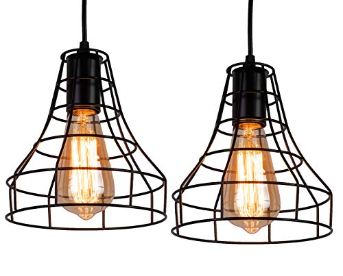 Industrial Pendant Metal Cage Hanging Lights Fixture 2 Pack - EK CHIC HOME