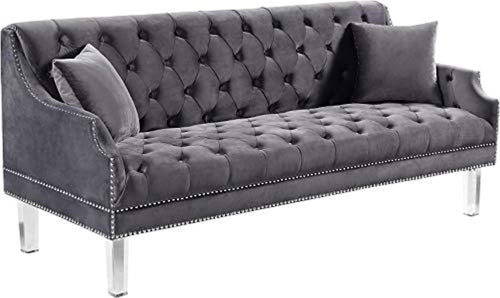 Grey Velvet Upholstered Sofa with Luxurious Deep Tufting, Nailhead Trim and Acrylic Legs - EK CHIC HOME
