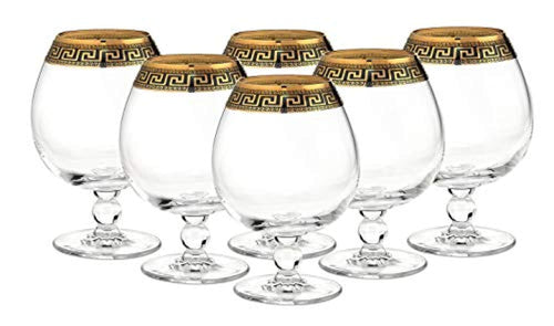 Crystal Cognac Brandy Snifter Goblet, 17 oz. Gold and Black Greek Key Ornament - EK CHIC HOME