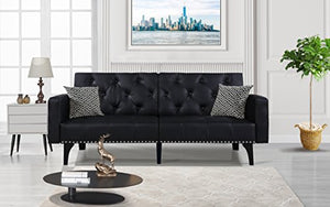 Modern Tufted Sleeper Futon Sofa with Nailhead Trim in White, Black (Black) - EK CHIC HOME