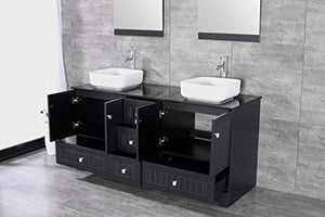 60" Black Double Bathroom Vanity Cabinets and Ceramic Vessel Sink w/Mirror Combo Faucet - EK CHIC HOME
