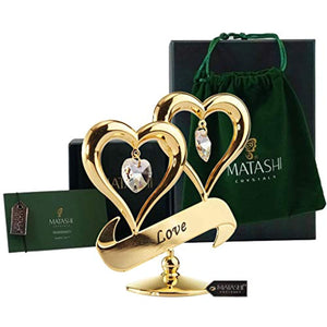 24K Gold Dipped Two Hearts with Dangling Crystals in Gift Ready Box - EK CHIC HOME