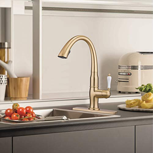 Pull Down Kitchen Faucet with Sprayer Single Handle Brass - EK CHIC HOME