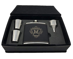 Personalized Leatherette Flask Set - Free Engraving on leather gift box and flask (Black w/ Silver Engraving) - EK CHIC HOME