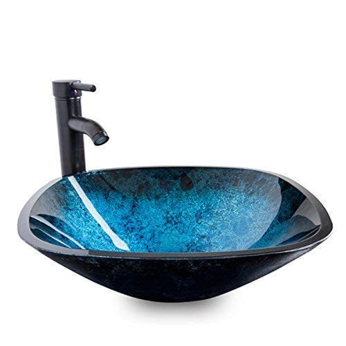 Artistic Square Bathroom Sink Blue Tempered Glass Combo with Faucet - EK CHIC HOME