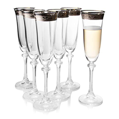 Champagne Flutes Set of 6 - Crystal Glasses /  Platinum Rimmed Decor - EK CHIC HOME