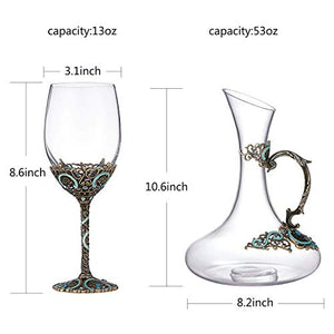 Wine Glasses Set of 5, Crystal Wine Glasses Set 4 Wine Glasses  Decanter with Enamels - EK CHIC HOME