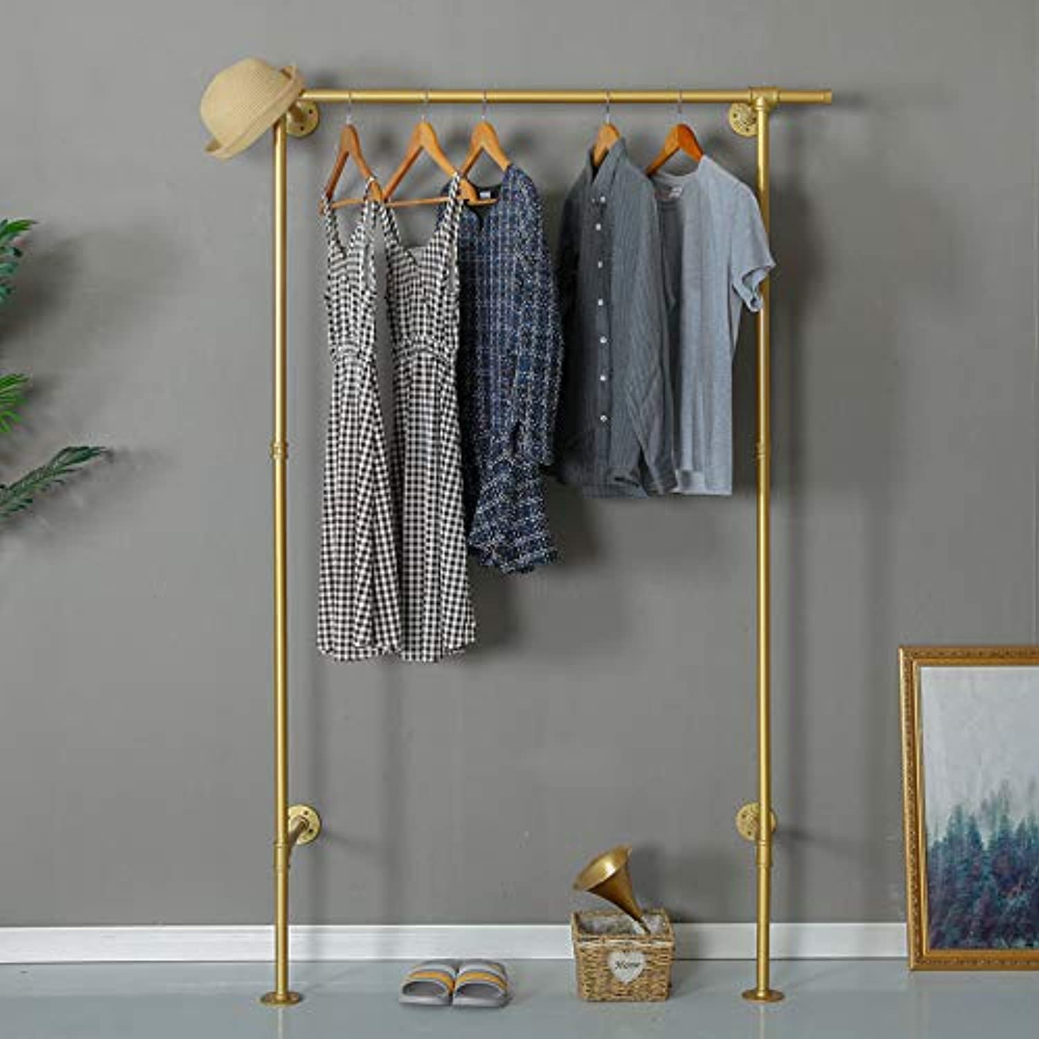 Industrial Pipe Clothing Vintage Rolling Rack On Wall (Gold)