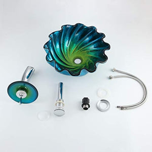 Blue&Green Seashell Wave Tempered Glass Vessel Sink & Waterfall Faucet Set - EK CHIC HOME