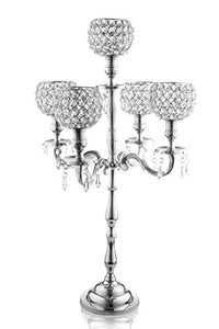 5 Candle Silver Candelabra With Crystal Studded Globes And Hanging Crystal Drops - Elegant Wedding Party Centerpiece - 24 Inch - EK CHIC HOME