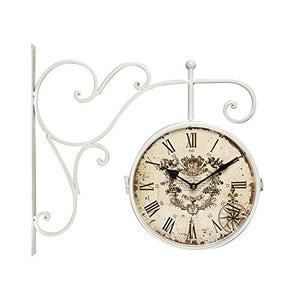 White Iron Round Double-Sided Wall Hanging Clock with Scroll Wall Mount - EK CHIC HOME