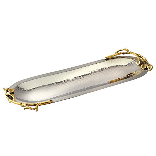 CHIC Elegance Golden Vine Hammered Stainless Steel Oval Tray, 15.25 by 5.75-Inch, Silver/Gold - EK CHIC HOME