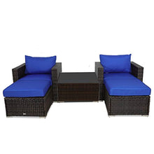 Load image into Gallery viewer, Patio Furniture Sofa 5pcs Brown Rattan Wicker Couch Set Garden Sectional Home Furniture w/Coffee Table Royal Blue Cushion - EK CHIC HOME