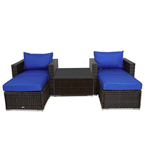 Patio Furniture Sofa 5pcs Brown Rattan Wicker Couch Set Garden Sectional Home Furniture w/Coffee Table Royal Blue Cushion - EK CHIC HOME