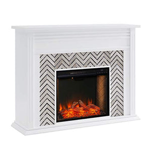 Tiled Fireplace with Alexa-Enabled Smart Firebox, White/Gray - EK CHIC HOME