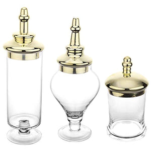 Set of 3 Antique-Theme Glass Apothecary Jars with Metallic Brass-Tone Lids - EK CHIC HOME