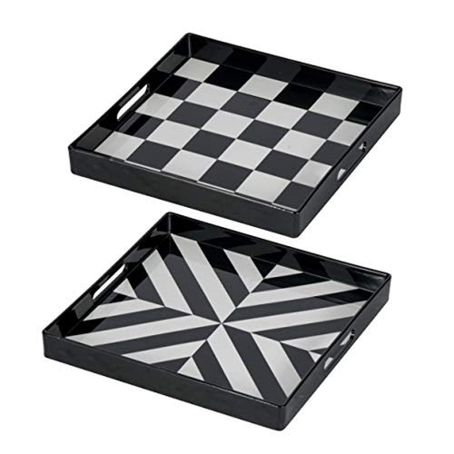 Square Tray, Set of 2, Black, White - EK CHIC HOME