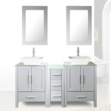 Load image into Gallery viewer, 60&quot; Double Sink Gray Bathroom Vanity Paint MDF Wood Cabinet Glass Top w/Mirror, Faucet&amp;Drain Set - EK CHIC HOME