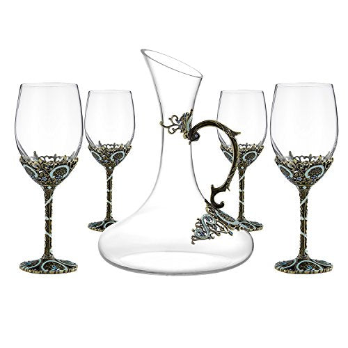 Wine Glasses Set of 5, Crystal Wine Glasses Set 4 Wine Glasses  Decanter with Enamels - EK CHIC HOME