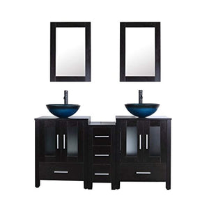 60" Black Bathroom Vanity Cabinet and Sink Combo Double Top Wood Texture w/Mirror Drain and Faucet - EK CHIC HOME
