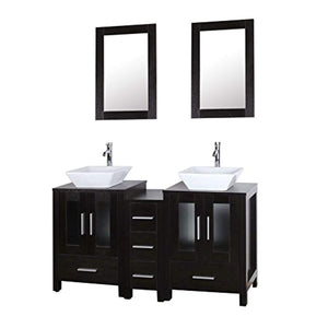 60" Bathroom Vanity Cabinet Double Top Sink Combo Black MDF Wood w/Mirror Faucet and Drain - EK CHIC HOME