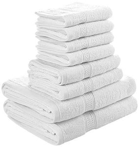 Premium 8 Piece Towel Set (White); 2 Bath Towels, 2 Hand Towels and 4 Washcloths - Cotton - Machine Washable, Hotel Quality - EK CHIC HOME