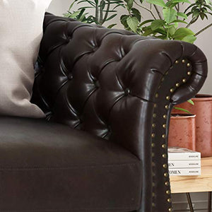 Chesterfield Tufted Bonded Leather Sofa with Scroll Arms - EK CHIC HOME