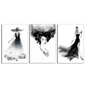 3 Pieces Elegance Lady Canvas Prints Contemporary  - 48"W x 24"H - EK CHIC HOME