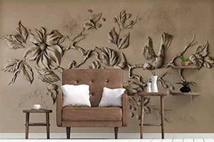 3D Embossed Floral Wallpaper Cement Blossom Sculpture Bird Wall Art Minimalist - EK CHIC HOME