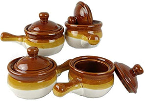 Individual French Onion Soup Crock Chili Bowls with Handles and Lids- 4 Pack - EK CHIC HOME