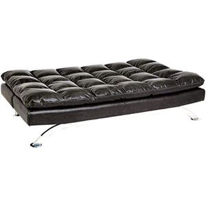 Geneva Faux-Leather Futon Couch with Stainless-Steel Legs, Charcoal Black - EK CHIC HOME