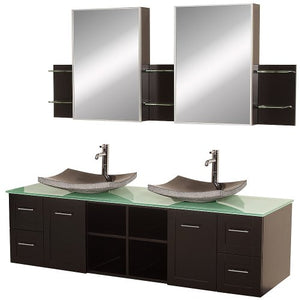 72 inch Double Bathroom Vanity in Espresso, White Man-Made Stone Countertop, Pyra White Porcelain Sinks, and Medicine Cabinets - EK CHIC HOME