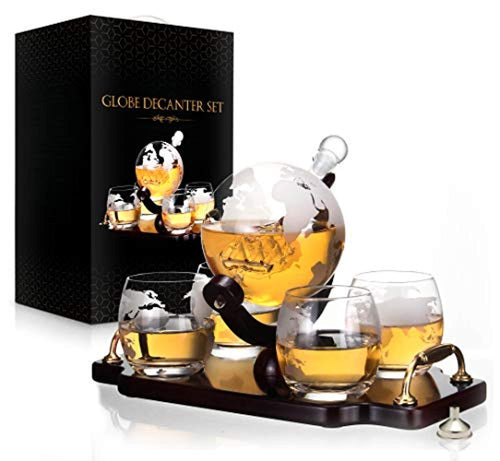 Whiskey Decanter Set World Etched Globe Decanter Antique Ship Glasses - EK CHIC HOME