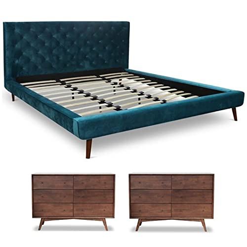 3 Piece Set with Velvet King Platform Bed and 2 Wood Dressers - EK CHIC HOME
