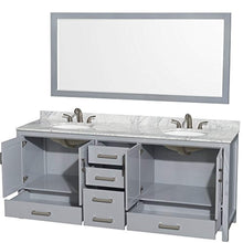 Load image into Gallery viewer, 80 inch Double Bathroom Vanity in Gray, White Carrara Marble Countertop, Undermount Oval Sinks, and 70 inch Mirror - EK CHIC HOME
