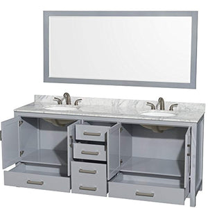 80 inch Double Bathroom Vanity in Gray, White Carrara Marble Countertop, Undermount Oval Sinks, and 70 inch Mirror - EK CHIC HOME