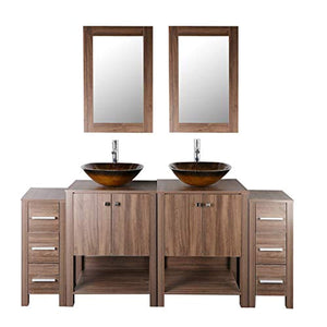 72" Double Sink Bathroom Vanity Brown MDF Wood Cabinet Modern Design w/Mirror Faucet and Drain - EK CHIC HOME