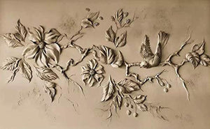 3D Embossed Floral Wallpaper Cement Blossom Sculpture Bird Wall Art Minimalist - EK CHIC HOME