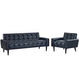 Luxury Button Tufted Bonded Leather Sofa and Armchair Set Blue - EK CHIC HOME