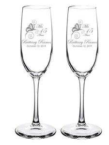 Custom Engraved Champagne Flutes - Butterfly Design - Choose Set of 16 - Laser Engraved with Name and Date (Set of 16) - EK CHIC HOME