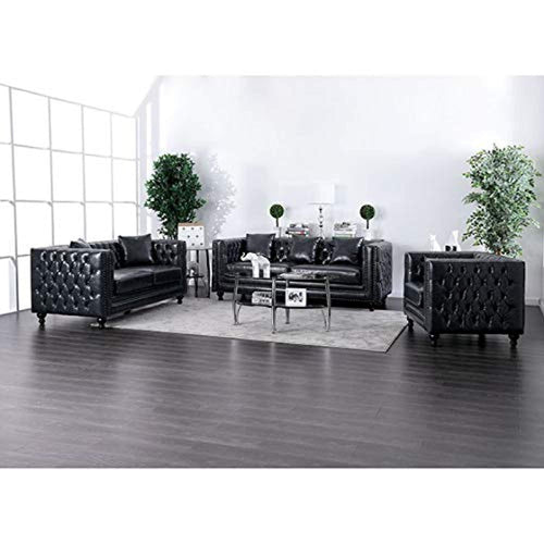 Contemporary Design Dark Gray Leatherette 3 Piece Sofa Set Living Room Furniture - EK CHIC HOME