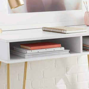 Hairpin Writing Desk with 2 Spacious Open Storage Cubbies, White - EK CHIC HOME