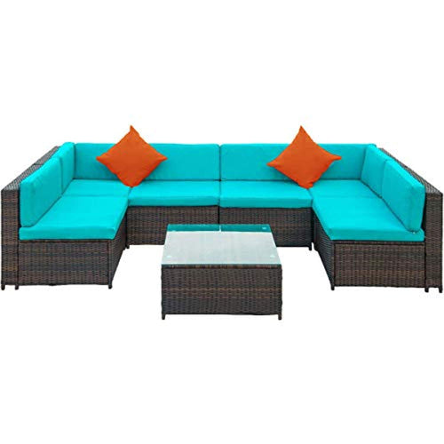 CHIC  Patio Furniture Set PE Rattan Sectional Garden Furniture Corner Sofa Set (7 Pieces, Blue) - EK CHIC HOME