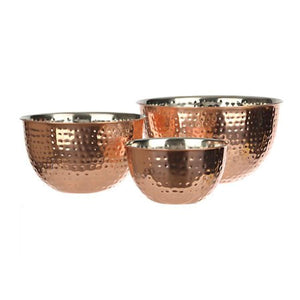 Set Of 3 Copper Hammered Mixing Bowls With Stainless Steel Interior Finish - EK CHIC HOME