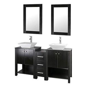 60" Bathroom Vanity Double Sink Black MDF Wood Cabinet w/Mirror Faucet&Drain - EK CHIC HOME