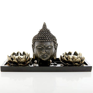 Buddha Head Sculpture Zen Garden Set w/Lotus Tealight Candle Holders - EK CHIC HOME