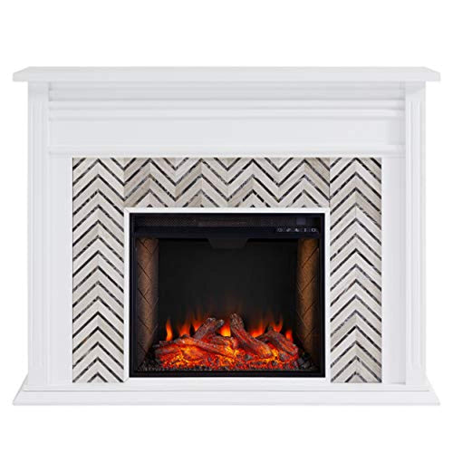 Tiled Fireplace with Alexa-Enabled Smart Firebox, White/Gray - EK CHIC HOME
