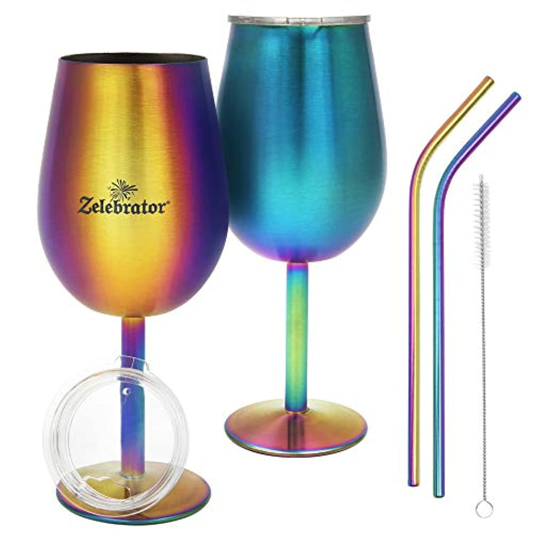 Stainless Steel Wine Glass, Set of 2, with Stem and Lid - Rainbow - EK CHIC HOME