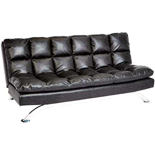 Geneva Faux-Leather Futon Couch with Stainless-Steel Legs, Charcoal Black - EK CHIC HOME